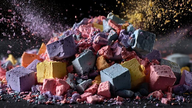 Shattered pastel chalk cubes exploding into colorful dust with vibrant artistic powder texture