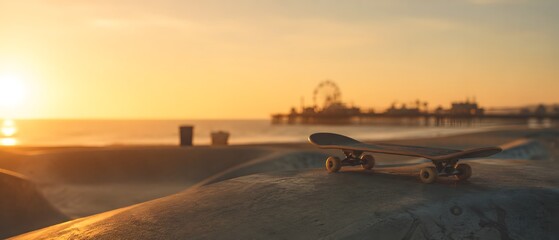 Fototapeta premium Skateboard on concrete ramp at beach skatepark with Santa Monica pier silhouette during golden hour sunset