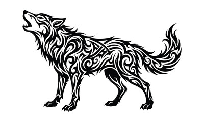 Howling wolf tribal tattoo design, black and white abstract animal silhouette, decorative wild canine vector illustration, fierce predator nature art © Farhana