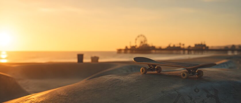Skateboard on concrete ramp at beach skatepark with Santa Monica pier silhouette during golden hour sunset
