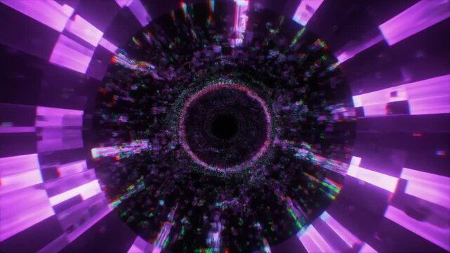 Seamless Loop of Abstract Futuristic Purple Digital Tunnel with Glitching Computer Virus Data Flowing, Cinematic Motion Background Full HD