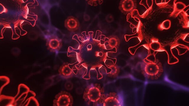 Seamless Loop of Glowing Red Virus Cells Multiplying and Spreading in Dark Space, Abstract Scientific Medical Full HD Motion Background