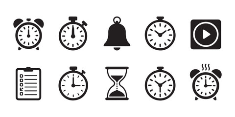 Fototapeta premium Black time and clock icons set. outline design, alarm clock, stopwatch, timer, delivery time, schedule.