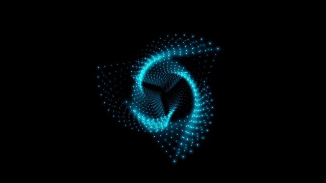 A rotating isosceles blue neon 3D triangle composed of small, alternately glowing dots isolated on a black background. Sacred geometry. 4K loop animation at 60 fps.