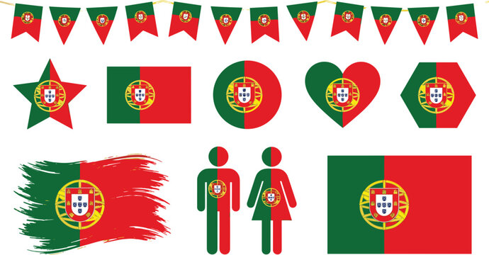 Portugal flag vector elements set with national bunting flags shapes and map symbols isolated on white background for patriotic holiday graphic decoration design.