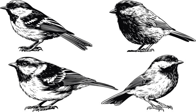 Detailed black and white sketch of small songbirds with songbirds