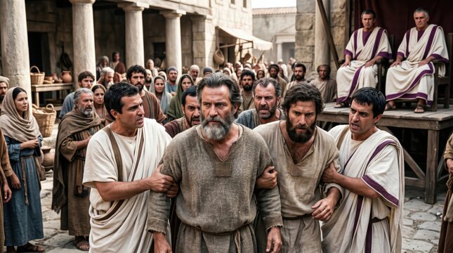 Biblical scene with men in tunic grabbing and detaining a man in a public city square. Roman magistrates watching as people witness the arrest. Historical drama based on Acts 16 event.