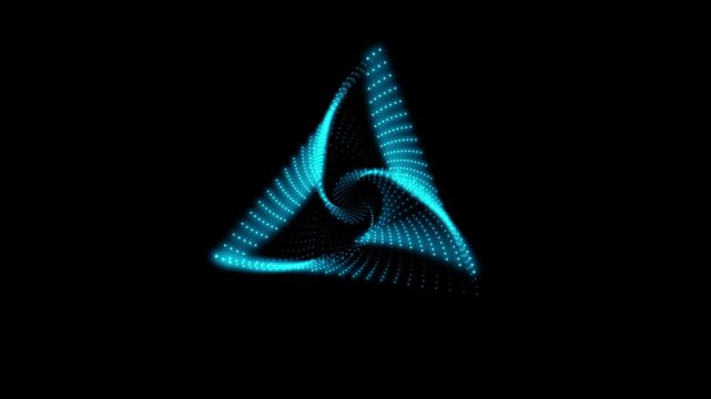 A rotating isosceles blue neon 3D triangle composed of small, alternately glowing dots isolated on a black background. Sacred geometry. 4K loop animation at 60 fps.