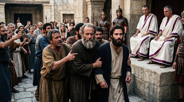 Apostle Paul and Silas being confronted by a crowd before Roman officials. Biblical scene depicting the arrest of the apostles in Philippi. Ancient history and religious narrative concept.