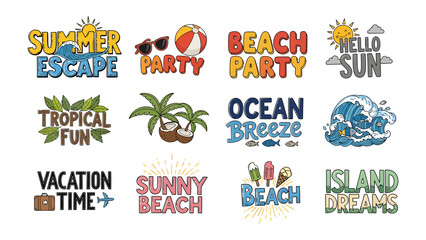 Summer Vacation Collection: A vibrant assortment of graphic elements celebrating summer themes like beach parties, tropical fun, and island dreams, perfect for vacation and travel designs. © Rahimatul