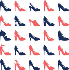 Fototapeta premium Elegant high heels vector set, 25 women's fashion shoe icons in navy blue and coral pink, stylish stiletto and pump footwear collection for retail design