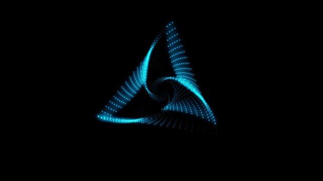 A rotating isosceles blue neon 3D triangle composed of small, alternately glowing dots isolated on a black background. Sacred geometry. 4K loop animation at 60 fps.