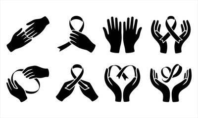 Obraz premium Collection of diverse hand gestures symbolizing help support and awareness with ribbons isolated on transparent background vectors design,icon sheet