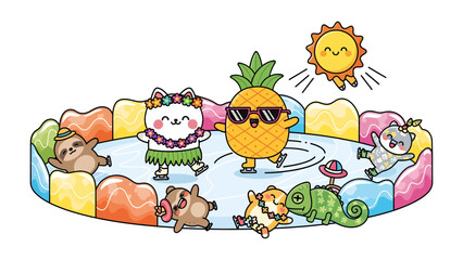 Fototapeta premium Summer Fun with Cute Animals: A charming group of cartoon animals, including a pineapple wearing sunglasses, a cat in a hula skirt, a sloth, a chameleon, and a raccoon.