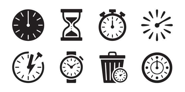 Time management and deadline icons set for productivity planning including clock hourglass and watch.