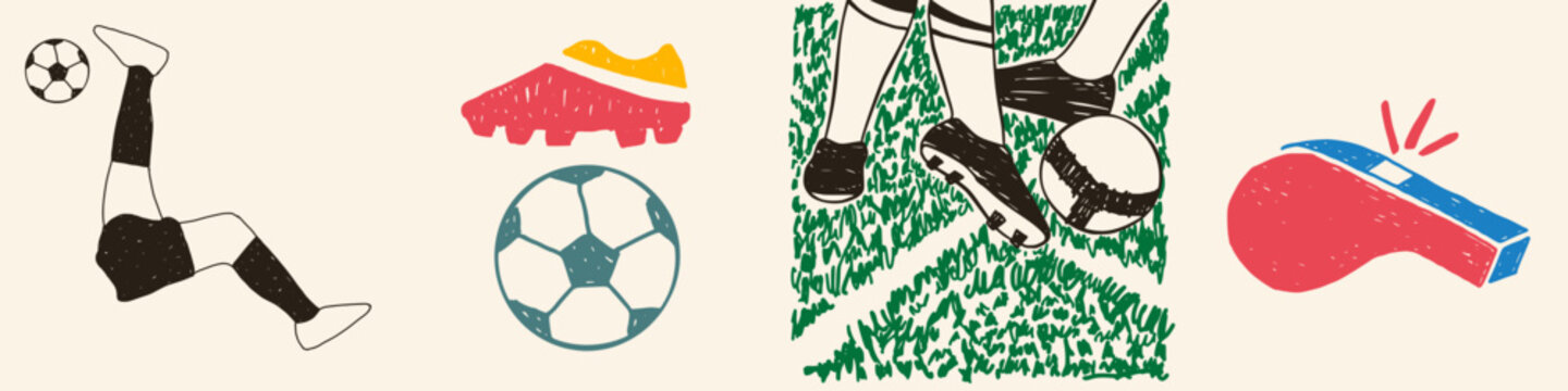Set of Soccer Sport Club Posters Featuring Retro Hand Drawn Line Art Illustration of Football.