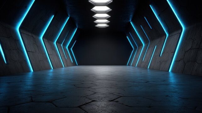 Futuristic tunnel with blue neon light and dark empty floor for modern sci fi background
