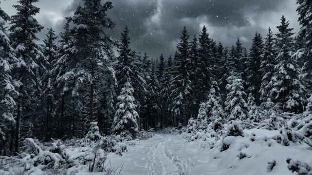 Snowflakes falling on a stormy day with dark forest, moody winter landscape with dramatic atmosphere, fresh snow detail and natural seasonal appeal, realistic high resolution stock image, no logos