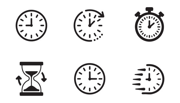 Time and clock vector icons: Set of stopwatch, timer, alarm clock, and hourglass symbol collection.