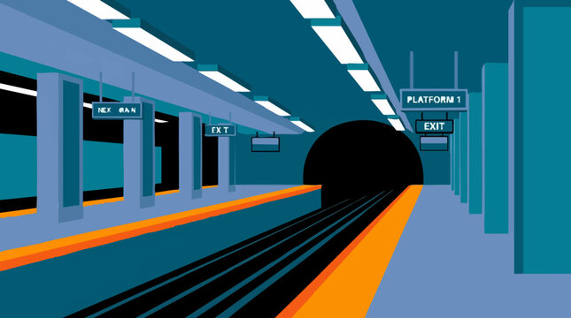 Underground subway station platform with train tracks and tunnel entrance