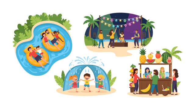 Summer Fun Collage: A vibrant collage captures the essence of summer with scenes of people enjoying a water park, an outdoor evening party, and a tropical juice stand.