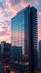 Fototapeta premium Glass and steel high-rise building with a futuristic design, cityscape, architecture