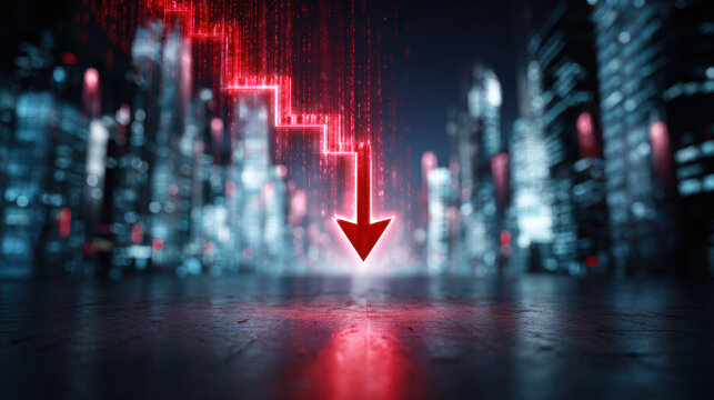 Digital neon red arrow pointing down in dark city background, glowing chart concept with abstract urban blur and reflection