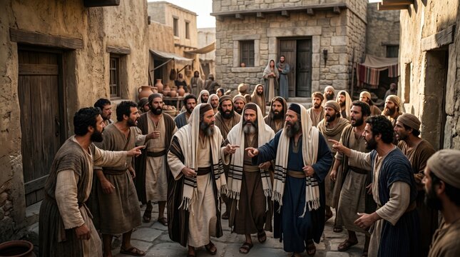 Apostle Paul and Silas preaching Christianity in ancient city street. Group of men gathered to hear message of gospel. Biblical scene depicting historical religious faith and teaching.
