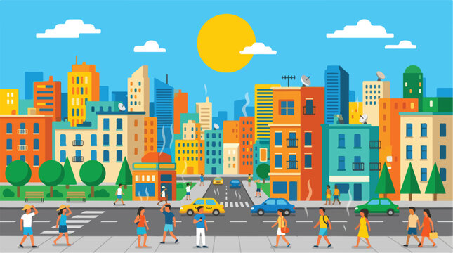 Flat design of hot summer day in a crowded city street with people walking. Heatwave in urban cityscape with high temperature sun and skyscrapers vector illustration.