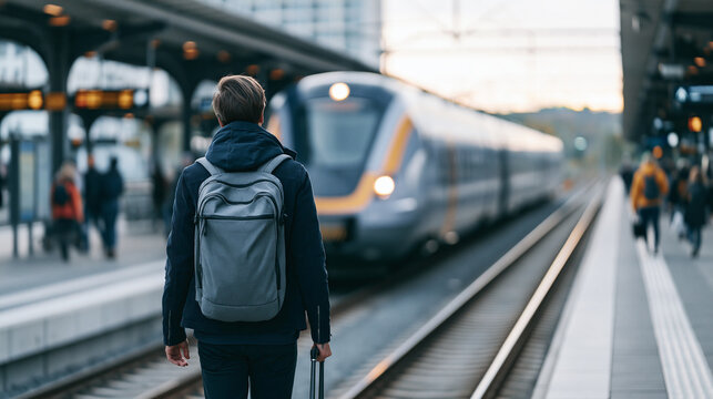 Traveler with backpack walking toward passenger train on station platform with modern transportation and travel lifestyle concept