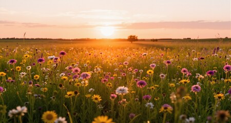 Fototapeta premium A Midwest prairie full of blooming summer wildflowers bathed in warm light from a setting sun. 
