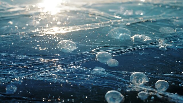 Frozen air bubbles trapped beneath icy blue surface illuminated by sparkling winter sunlight