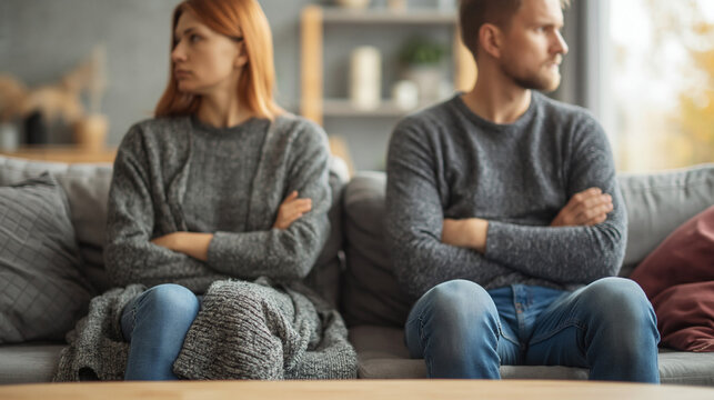Frustrated couple avoiding eye contact during relationship conflict at home with emotional tension and divorce concept