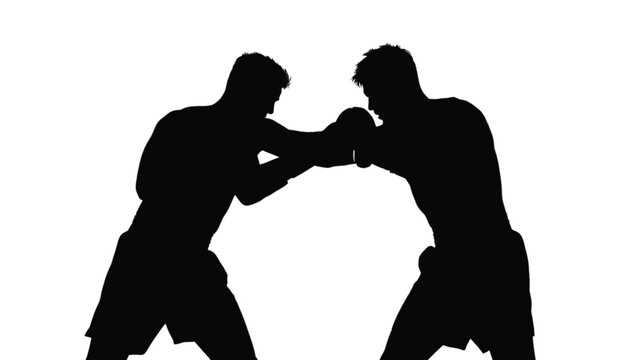Two boxers in fighting stance with fists up on transparent background