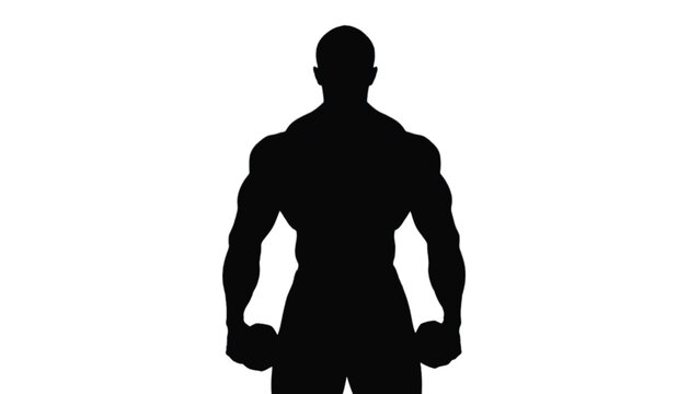 Muscular man silhouette flexing biceps with dumbbells on transparent background