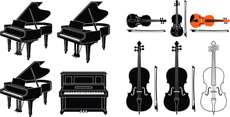 Classical Music Instrument Vector Icon Set with Grand Piano Upright Piano Violin and Cello in Black White and Brown Styles for Music or Concert Design Use © MDSaiful