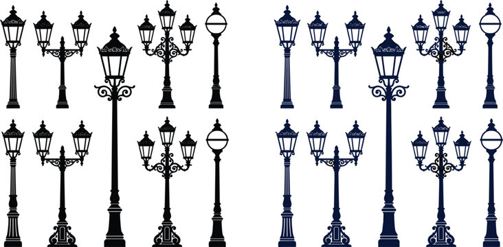 Vintage Street Lamp Post Vector Icon Set in Black and Dark Blue Silhouette Styles Isolated on White Background for City Urban or Retro Design Use