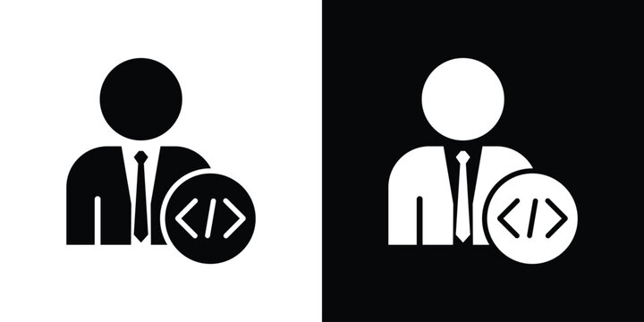 Businessman with coding symbol icon. IT project manager, software development expert, or programmer avatar vector illustration isolated on black and white.