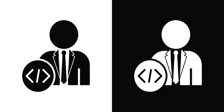 Businessman with coding symbol icon. IT project manager, software development expert, or programmer avatar vector illustration isolated on black and white.