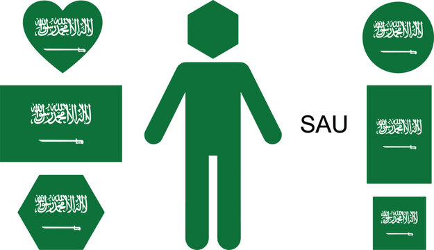 Saudi Arabia Flag Vector Icon Set in Heart Circle Hexagon Rectangle and Person Shapes with SAU Text for National or Patriotic Design Use