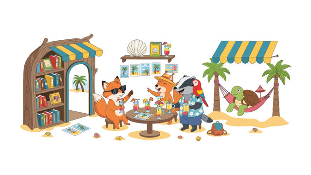 Animal Vacation at the Beach: A charming illustration depicts a group of anthropomorphic animals enjoying a tropical beach vacation, complete with cocktails, hammocks, and a small beachside shop.