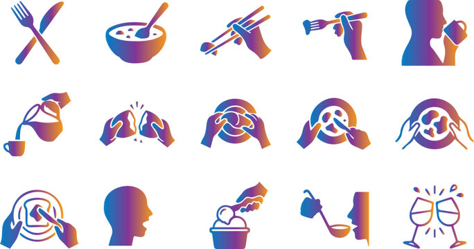 Dining Etiquette and Food Eating Actions Icons Set with Colorful Gradient Silhouette Signs on White Background