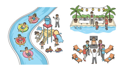 Naklejka premium Fun Summer Activities Collage: A vibrant collage showcasing various summer activities, including a water slide with people on tubes, a poolside buffet with palm trees.