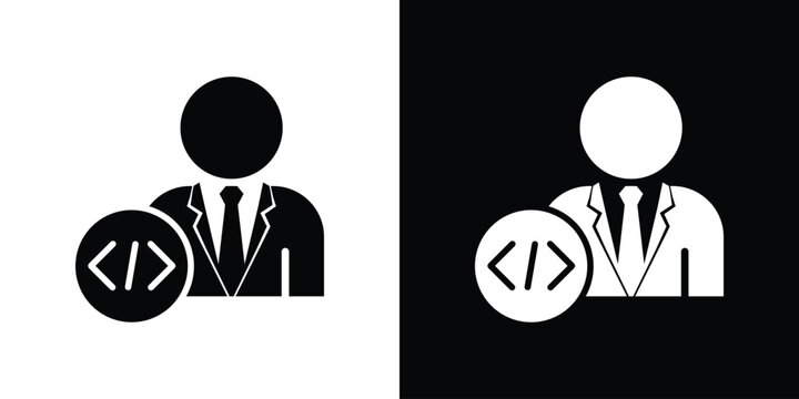 Businessman with coding symbol icon. IT project manager, software development expert, or programmer avatar vector illustration isolated on black and white.