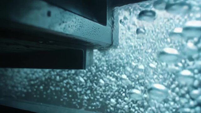 Metallic machine part immersing into a mysterious liquid, generating many air bubbles and creating an abstract aquatic environment with a blue tint and sparkling water droplets