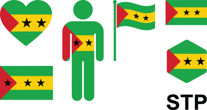 Sao Tome and Principe Flag Vector Icon Set in Heart Rectangle Waving Hexagon and Person Shapes with STP Text for National or Patriotic Design Use