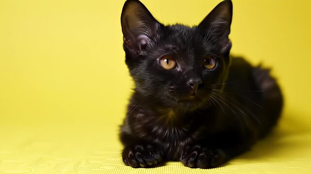 Curious black kitten with amber eyes resting on a bright yellow studio backdrop