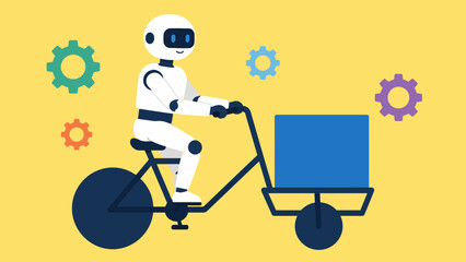 Fototapeta premium futuristic autonomous delivery robot riding a bicycle with cargo box and gears, representing automated logistics and modern technology