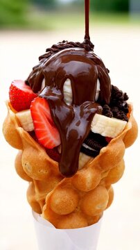 Delicious chocolate sauce pouring on a sweet bubble waffle with strawberries and cream outdoors