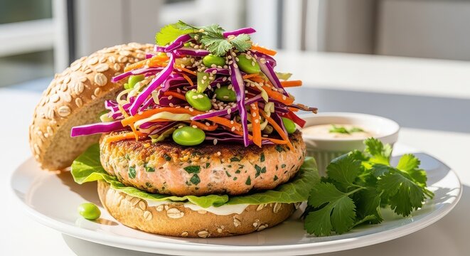 Healthyvegetarianburgerservedonasesamebunwithlettuceedamamecarrotcabbageslawandcilantro.
